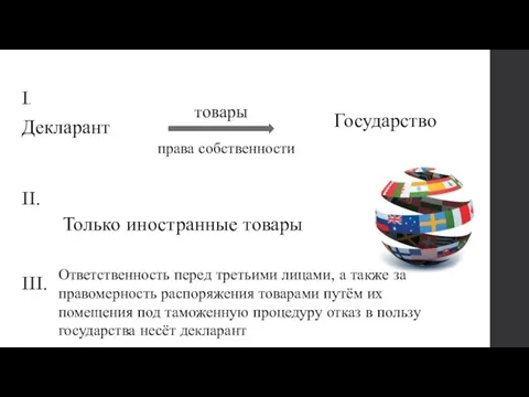 Декларант товары права собственности Государство I. II. Только иностранные товары III.