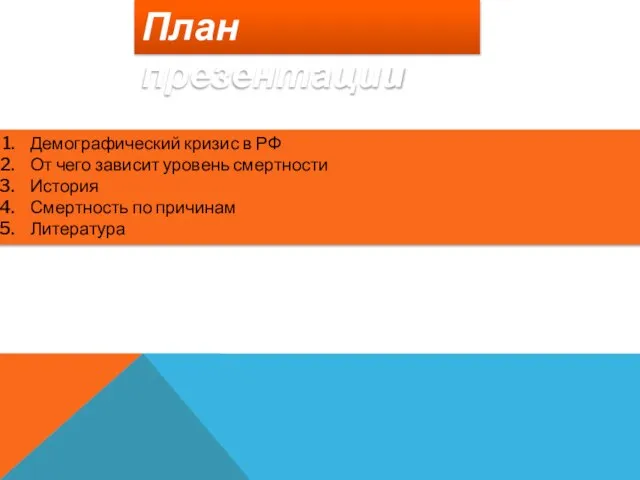 План презентации Демографический кризис в РФ От чего зависит уровень смертности История Смертность по причинам Литература