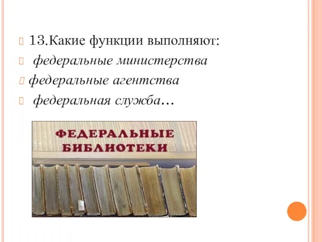 13.Какие функции выполняют: федеральные министерства федеральные агентства федеральная служба…