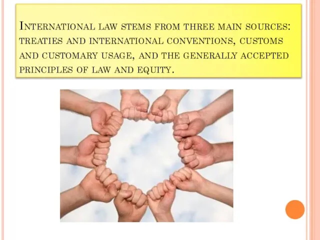 International law stems from three main sources: treaties and international conventions,
