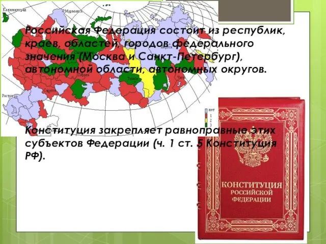 Российская Федерация состоит из республик, краев, областей, городов федерального значения (Москва