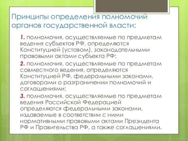 Принципы определения полномочий органов государственной власти: 1. полномочия, осуществляемые по предметам