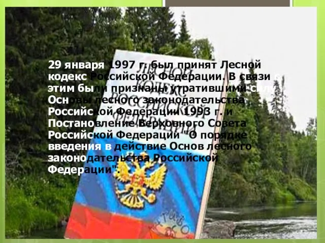 29 января 1997 г. был принят Лесной кодекс Российской Федерации. В