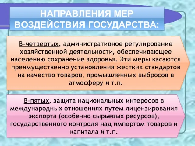 В-четвертых, административное регулирование хозяйственной деятельности, обеспечивающее населению сохранение здоровья. Эти меры