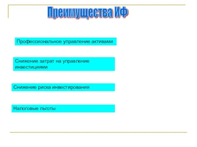 Преимущества ИФ Профессиональное управление активами Снижение затрат на управление инвестициями Снижение риска инвестирования Налоговые льготы