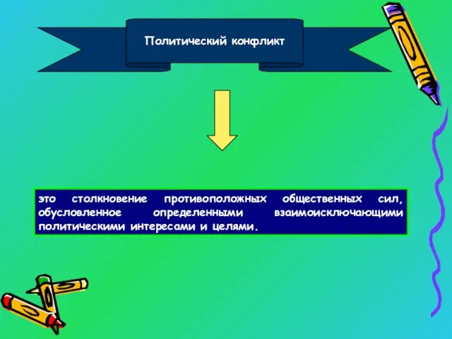 Политический конфликт это столкновение противоположных общественных сил, обусловленное определенными взаимоисключающими политическими интересами и целями.