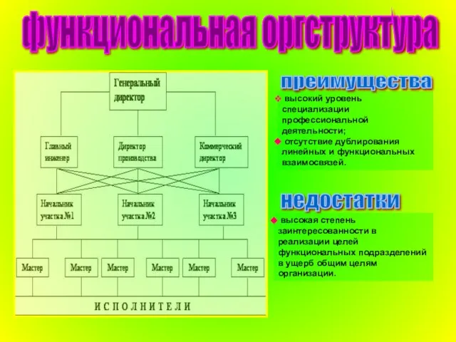 высокий уровень специализации профессиональной деятельности; отсутствие дублирования линейных и функциональных взаимосвязей.