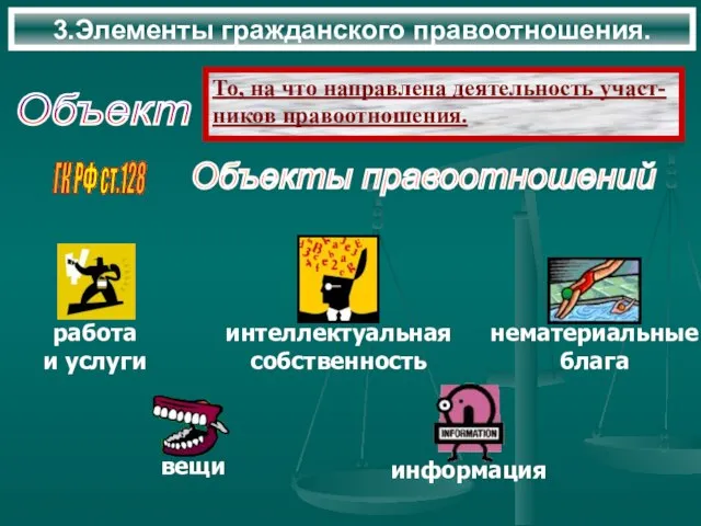 3.Элементы гражданского правоотношения. Объект То, на что направлена деятельность участ- ников