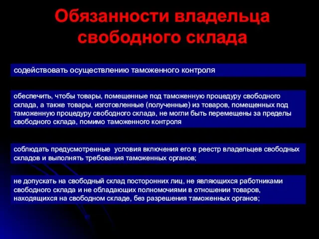 Обязанности владельца свободного склада содействовать осуществлению таможенного контроля обеспечить, чтобы товары,