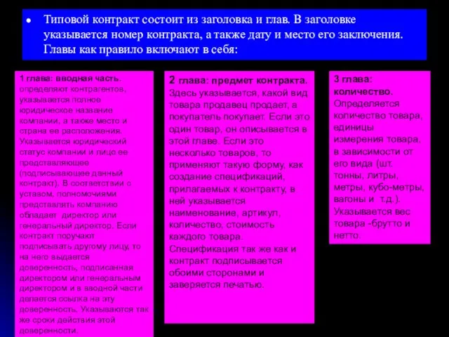 Типовой контракт состоит из заголовка и глав. В заголовке указывается номер