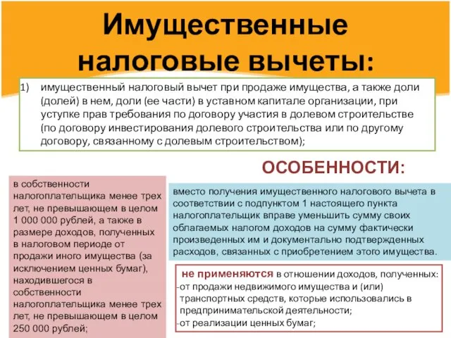 Имущественные налоговые вычеты: имущественный налоговый вычет при продаже имущества, а также