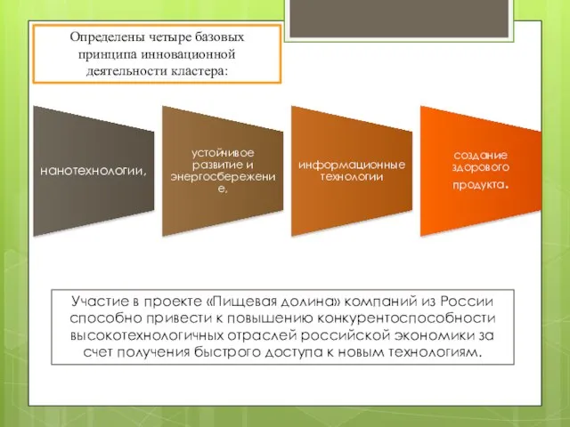 Определены четыре базовых принципа инновационной деятельности кластера: Участие в проекте «Пищевая