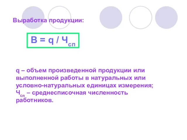 Выработка продукции: В = q / Чсп q – объем произведенной