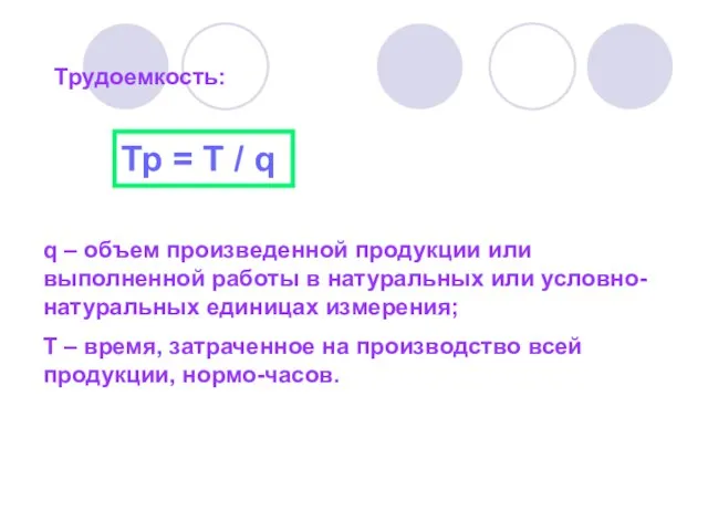 Тр = Т / q Трудоемкость: q – объем произведенной продукции