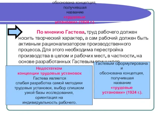 Гастевым сформулирована и обоснована концепция, получившая название «трудовые установки» (1924 г.).