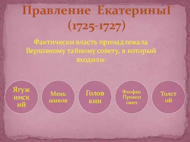 Правление ЕкатериныI (1725-1727) Фактически власть принадлежала Верховному тайному совету, в который входили: