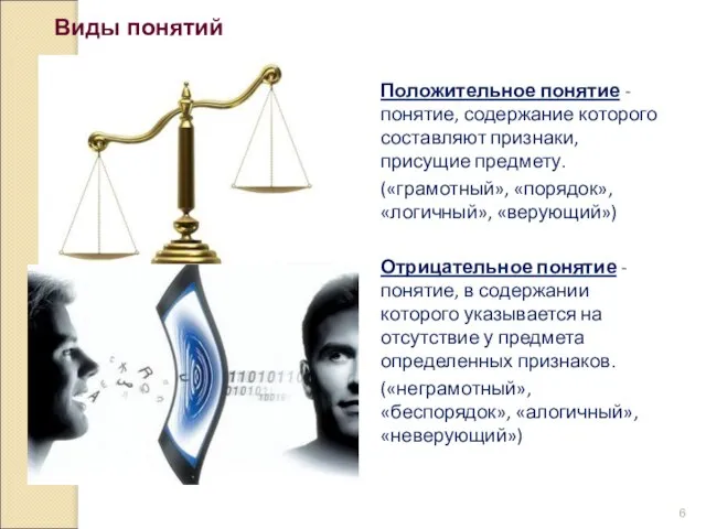 Виды понятий Положительное понятие - понятие, содержание которого составляют признаки, присущие