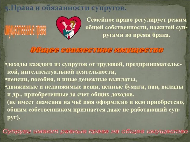 5.Права и обязанности супругов. имущественные права Семейное право регулирует режим общей