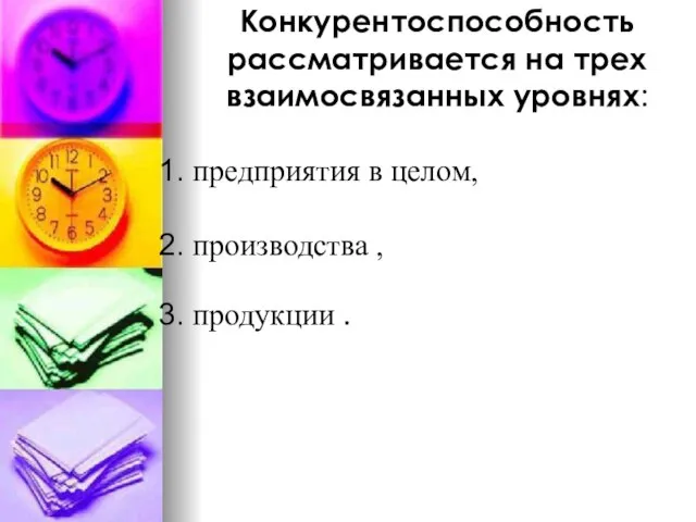 Конкурентоспособность рассматривается на трех взаимосвязанных уровнях: предприятия в целом, производства , продукции .