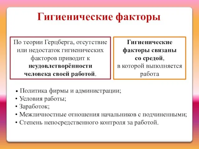 Гигиенические факторы По теории Герцберга, отсутствие или недостаток гигиенических факторов приводит