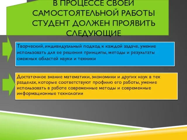 В процессе своей самостоятельной работы студент должен проявить следующие Творческий, индивидуальный