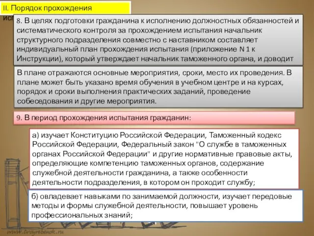 II. Порядок прохождения испытания 8. В целях подготовки гражданина к исполнению