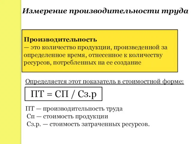 Измерение производительности труда Производительность — это количество продукции, произведенной за определенное