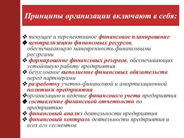 Принципы организации включают в себя: текущее и перспективное финансовое планирование централизацию