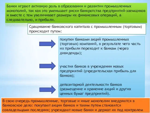 Банки играют активную роль в образовании и развитии промышленных монополий, так