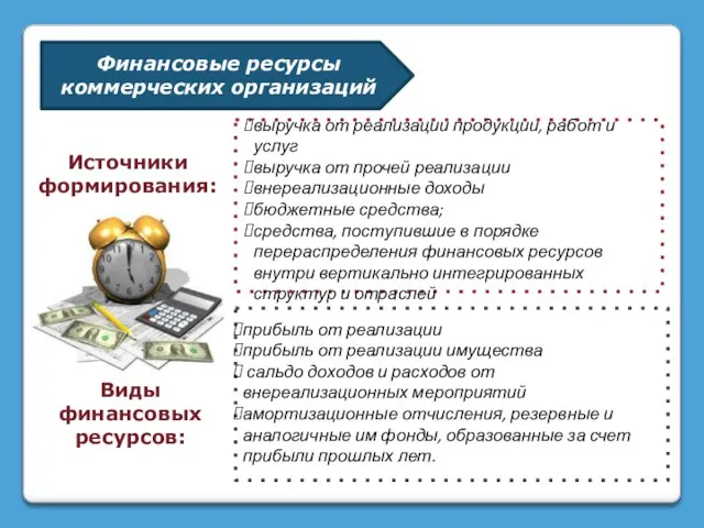 Финансовые ресурсы коммерческих организаций Источники формирования: выручка от реализации продукции, работ