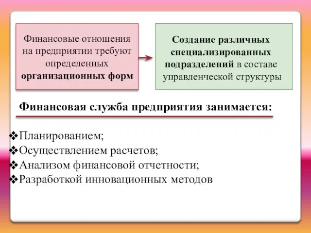 Финансовые отношения на предприятии требуют определенных организационных форм Создание различных специализированных