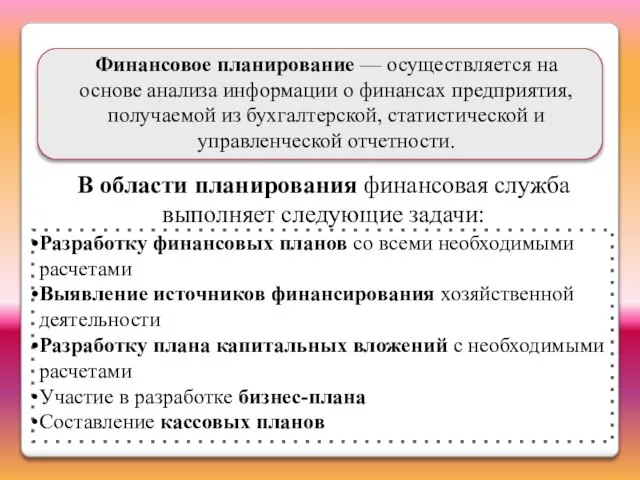 Финансовое планирование — осуществляется на основе анализа информации о финансах предприятия,