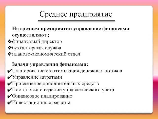 Среднее предприятие На среднем предприятии управление финансами осуществляют : финансовый директор