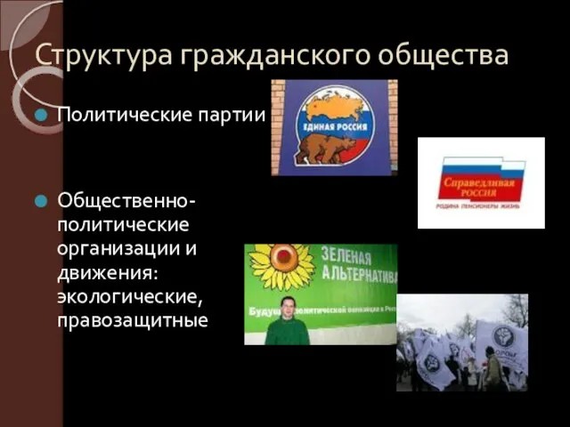 Структура гражданского общества Политические партии Общественно-политические организации и движения: экологические, правозащитные