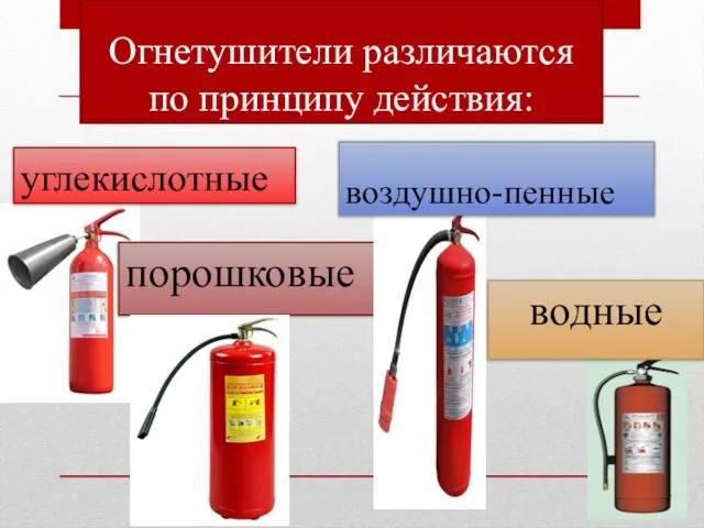 Огнетушители различаются по принципу действия: углекислотные порошковые водные воздушно-пенные