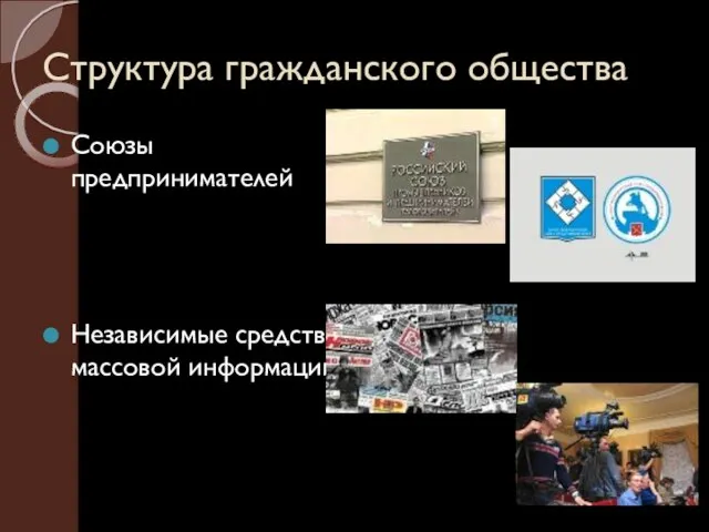 Структура гражданского общества Союзы предпринимателей Независимые средства массовой информации