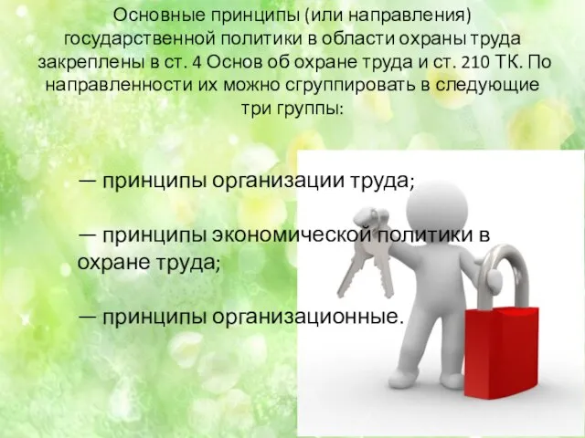 Основные принципы (или направления) государственной политики в области охраны труда закреплены