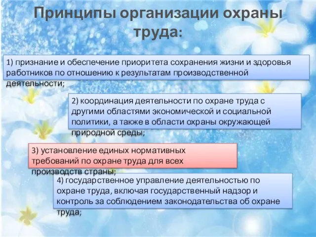 Принципы организации охраны труда: 1) признание и обеспечение приоритета сохранения жизни