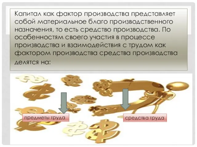 Капитал как фактор производства представляет собой материальное благо производственного назначения, то