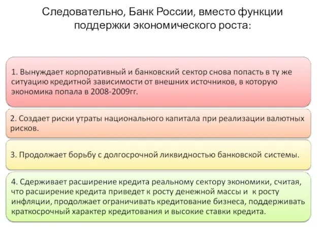 Следовательно, Банк России, вместо функции поддержки экономического роста: