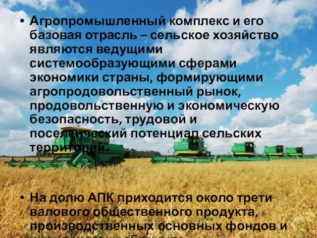 Агропромышленный комплекс и его базовая отрасль – сельское хозяйство являются ведущими