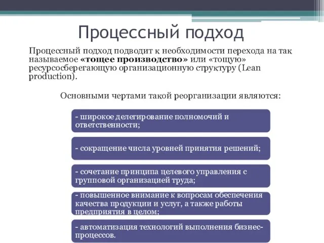 Процессный подход Процессный подход подводит к необходимости перехода на так называемое