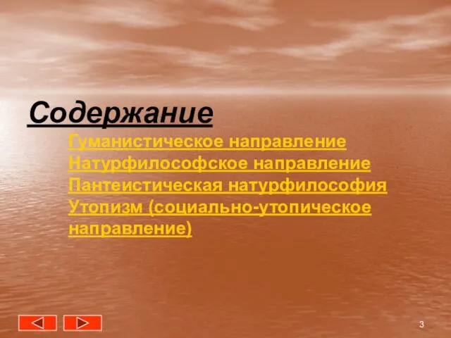 Содержание Гуманистическое направление Натурфилософское направление Пантеистическая натурфилософия Утопизм (социально-утопическое направление)