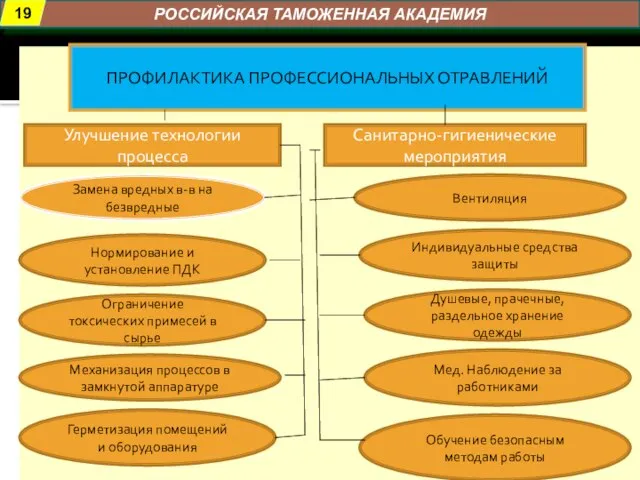 РОССИЙСКАЯ ТАМОЖЕННАЯ АКАДЕМИЯ ПРОФИЛАКТИКА ПРОФЕССИОНАЛЬНЫХ ОТРАВЛЕНИЙ Улучшение технологии процесса Санитарно-гигиенические мероприятия