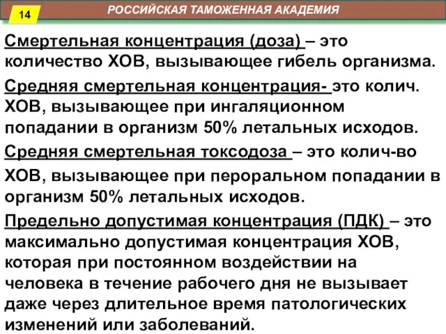 РОССИЙСКАЯ ТАМОЖЕННАЯ АКАДЕМИЯ Смертельная концентрация (доза) – это количество ХОВ, вызывающее