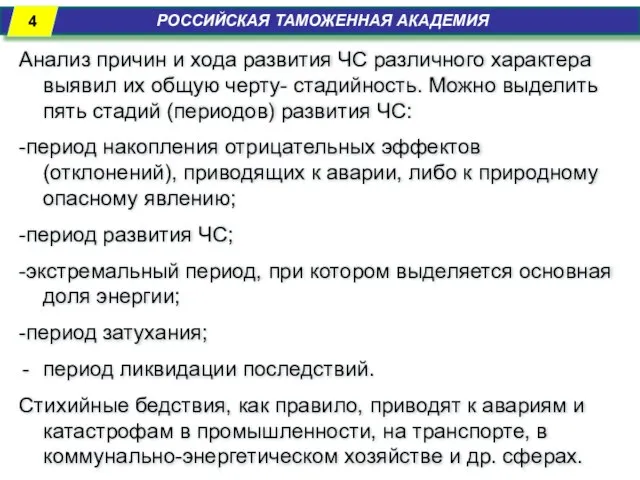 РОССИЙСКАЯ ТАМОЖЕННАЯ АКАДЕМИЯ Анализ причин и хода развития ЧС различного характера