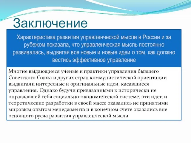 Заключение Характеристика развития управленческой мысли в России и за рубежом показала,