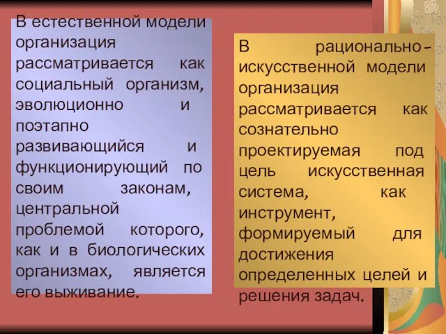 В естественной модели организация рассматривается как социальный организм, эволюционно и поэтапно