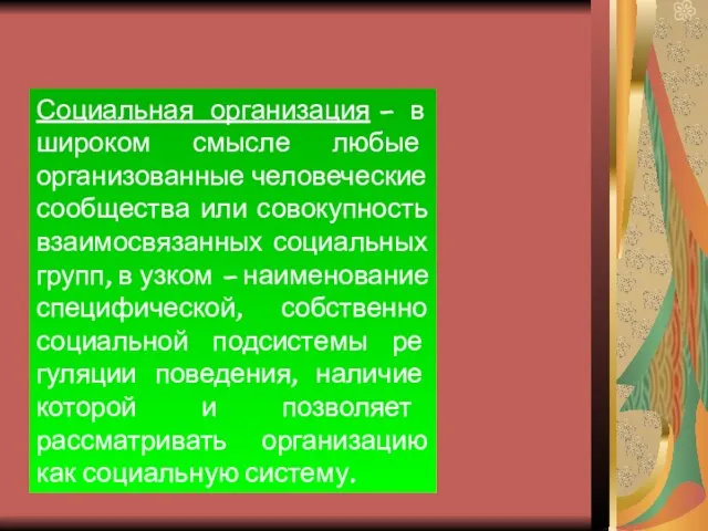 Социальная организация – в широ­ком смысле любые организованные человеческие сообщества или