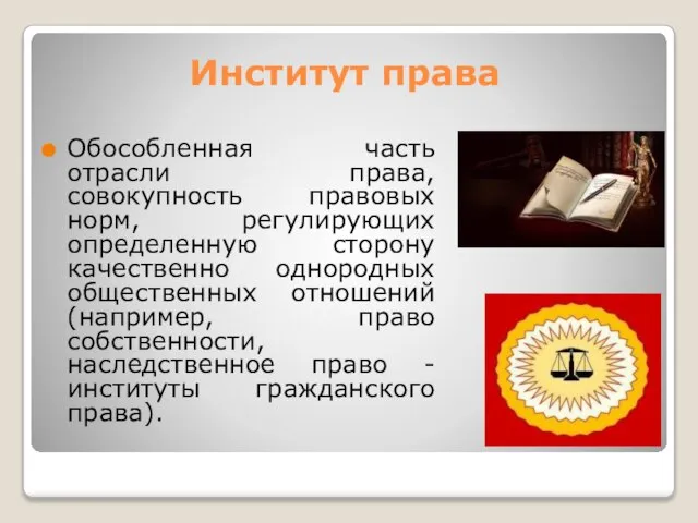 Институт права Обособленная часть отрасли права, совокупность правовых норм, регулирующих определенную